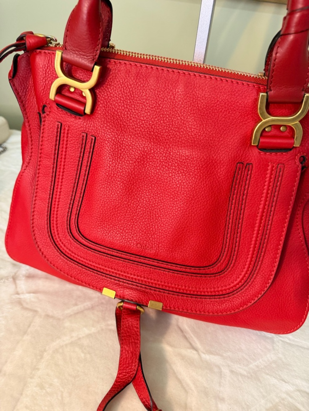 Chloe Red Pebbled Leather Medium Marcie Satchel with Gold Hardware - Picture 2 of 16
